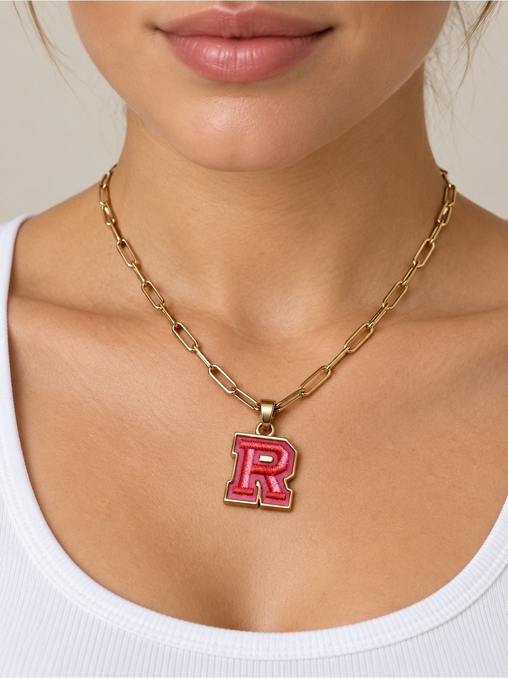 Canvas Goldtone Paperclip Necklace Varsity Pink Letter R Pendant New